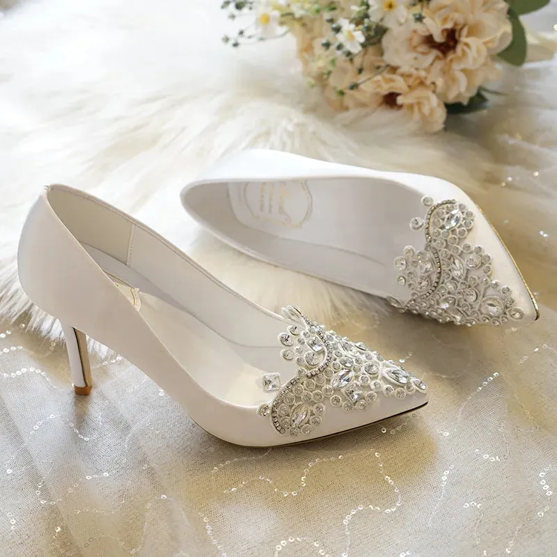 مجموعة اروين التجارية ARWEN&AJH GROUP  2024 European Women Wedding Shoes Point Toe Rhinestone Buckle Stilettos Ladies Banquet Women Pump Spring Autumncm-Satin High Heel Pumps