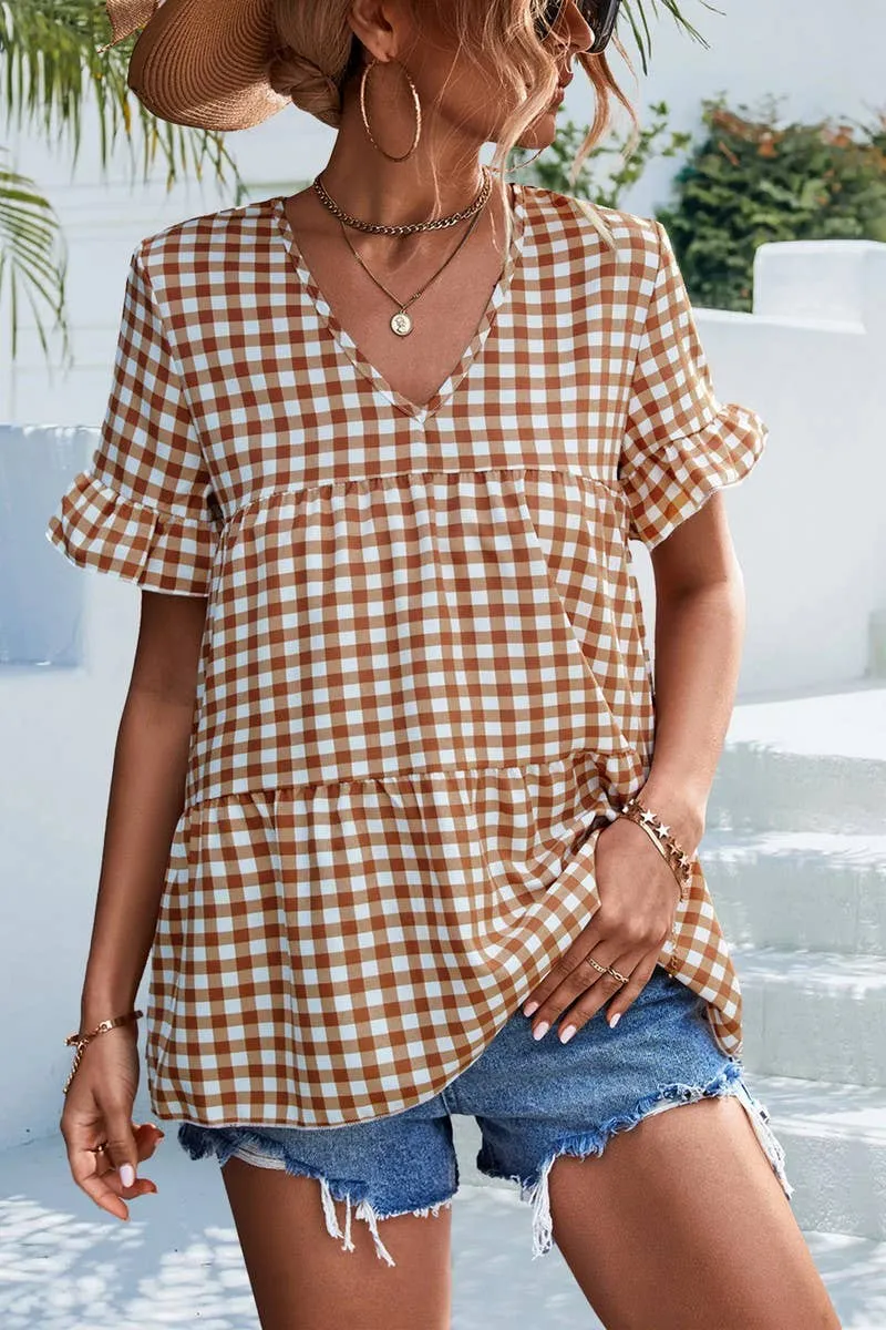 CHECKERED V NECK SHORT SLEEVED SHIRT_CWTSTS0201