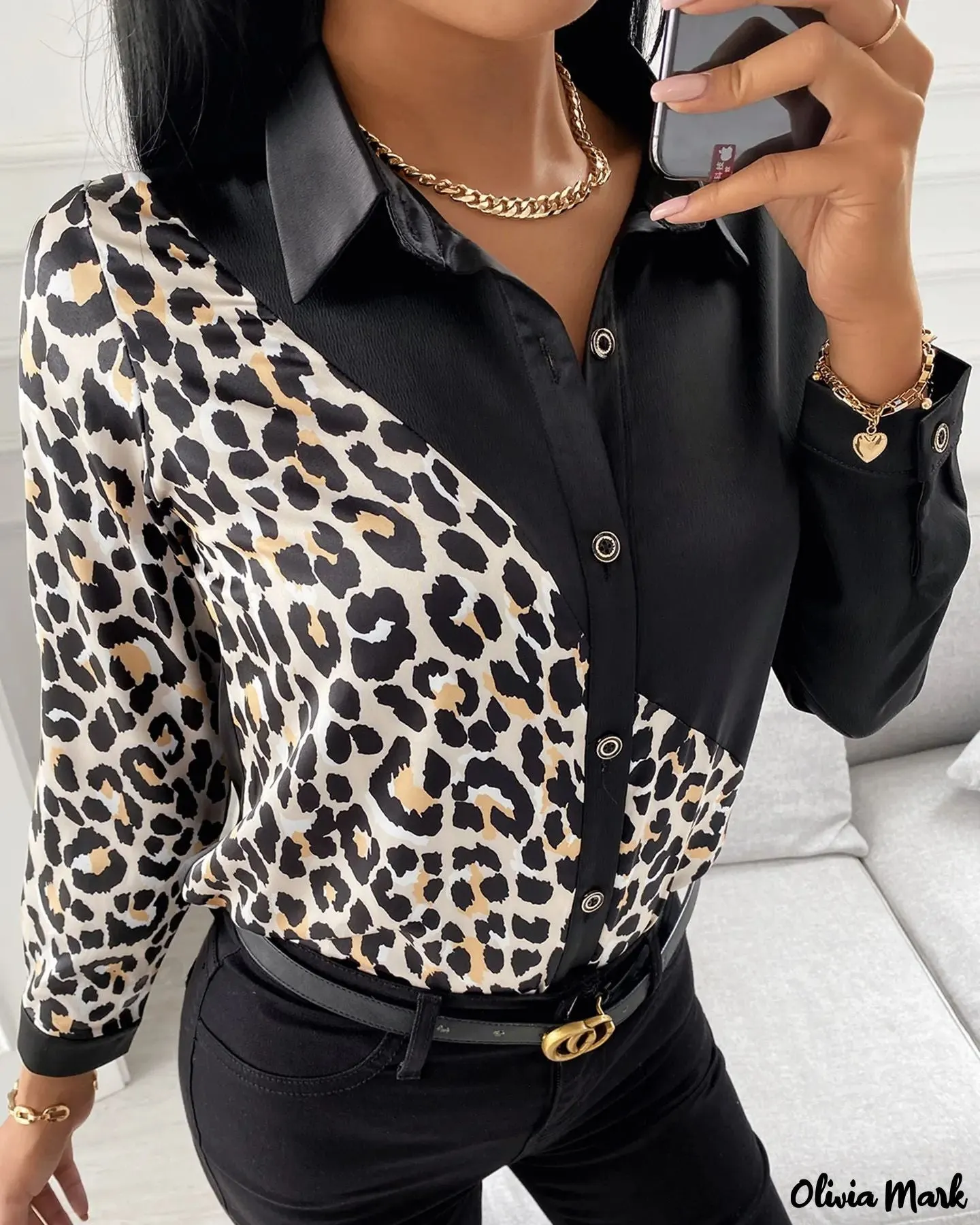 Deanwangkt - Leopard Print Long Sleeve Button Down Casual Shirt