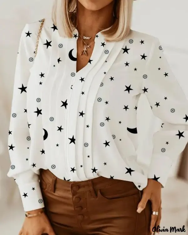 Deanwangkt - Star and Moon Printed Ruched Long Sleeve Top