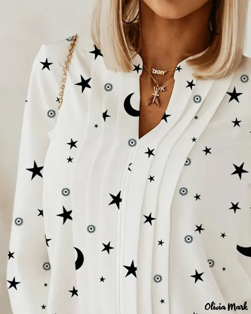 Deanwangkt - Star and Moon Printed Ruched Long Sleeve Top