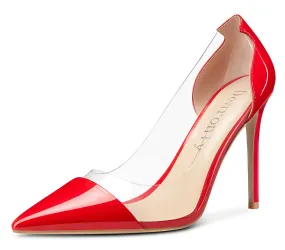 DearOnly Women's High Heels Transparent Clear Pumps Slip On Sexy Pointed Toe Stilettos 4" Inch Red Colorfull Patent Heel