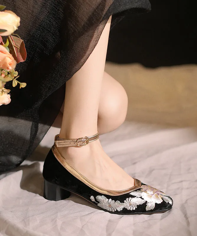 Elegant Coffee Embroidered Buckle Strap Velour Chunky High Heels RT1042