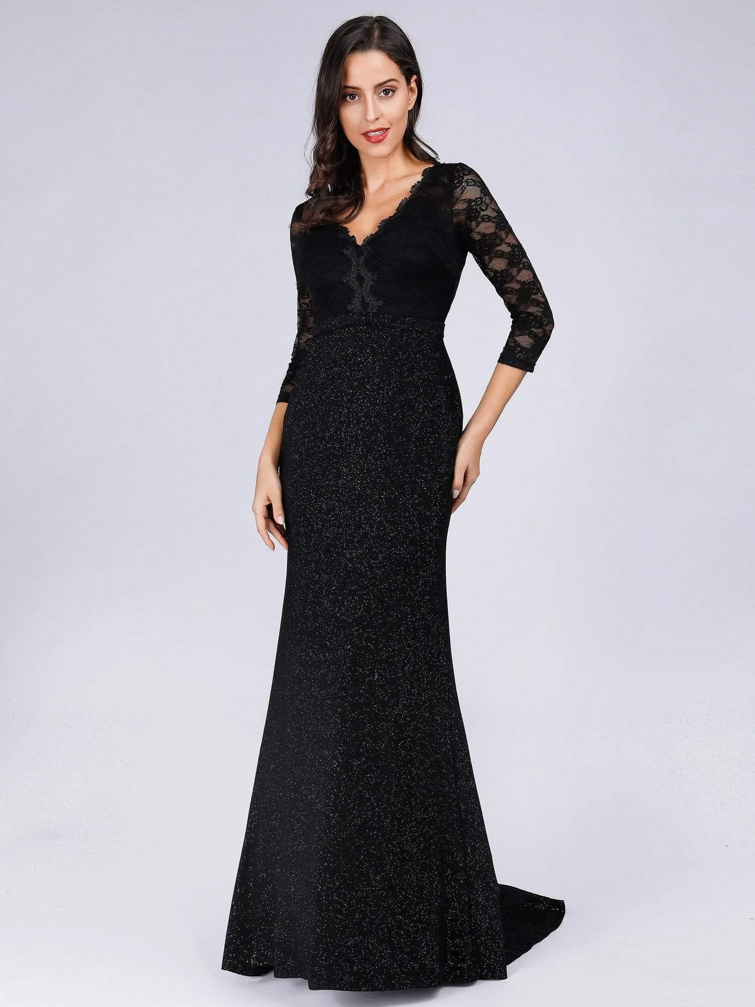 Elegant V Neck Shiny Fishtail Evening Dresses with 3/4 Lace Sleeves