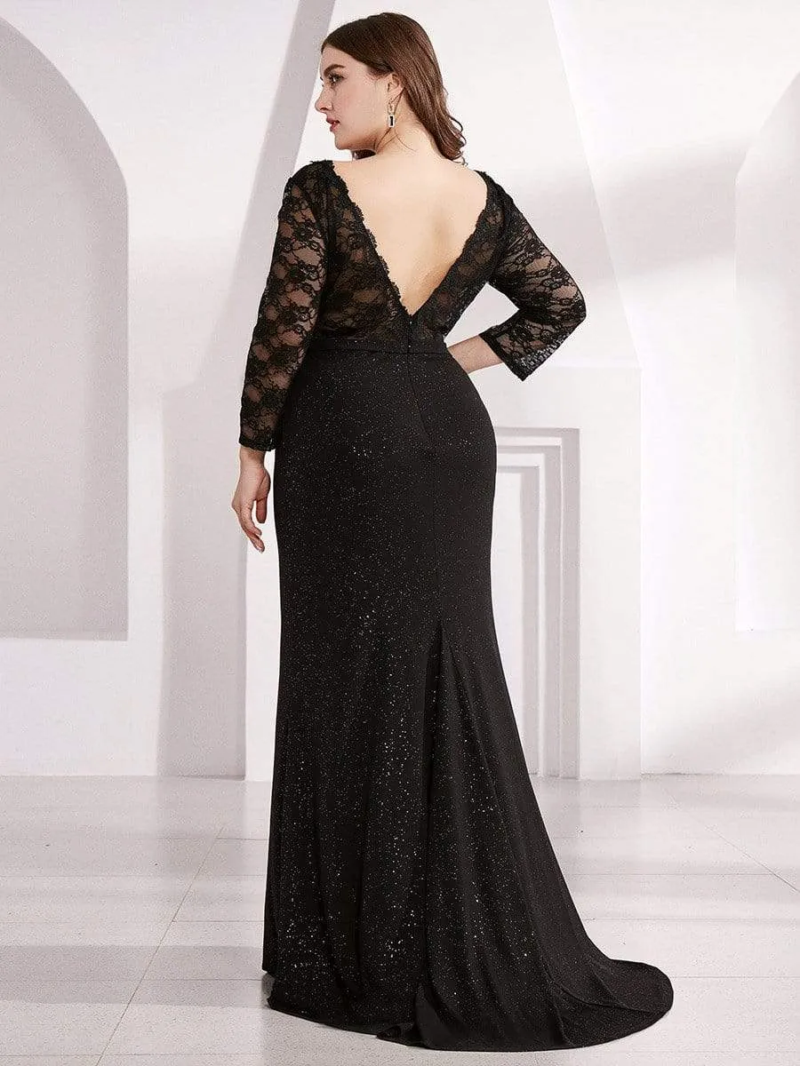 Elegant V Neck Shiny Fishtail Evening Dresses with 3/4 Lace Sleeves