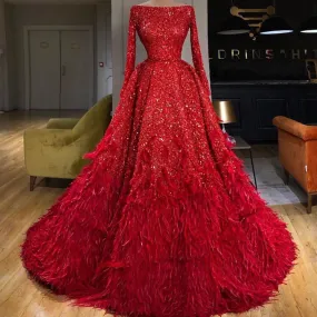 feather prom dress ball gowns red sparkly elegant long sleeve luxury prom gown vestidos de fiesta