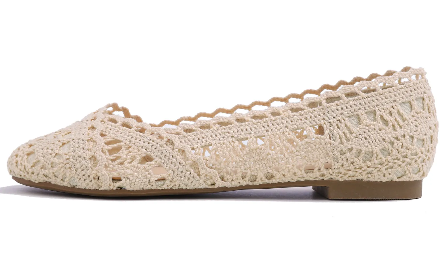 Feversole Round Toe Lace Ballet Crochet Flats Women's Comfy Breathable Shoes Beige Knit Crochet