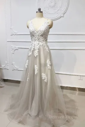 Gray A Line V Neck Lace Appliques Tulle Long Prom Dresses, Lace Gray Formal Dresses, Evening Dresses 2019