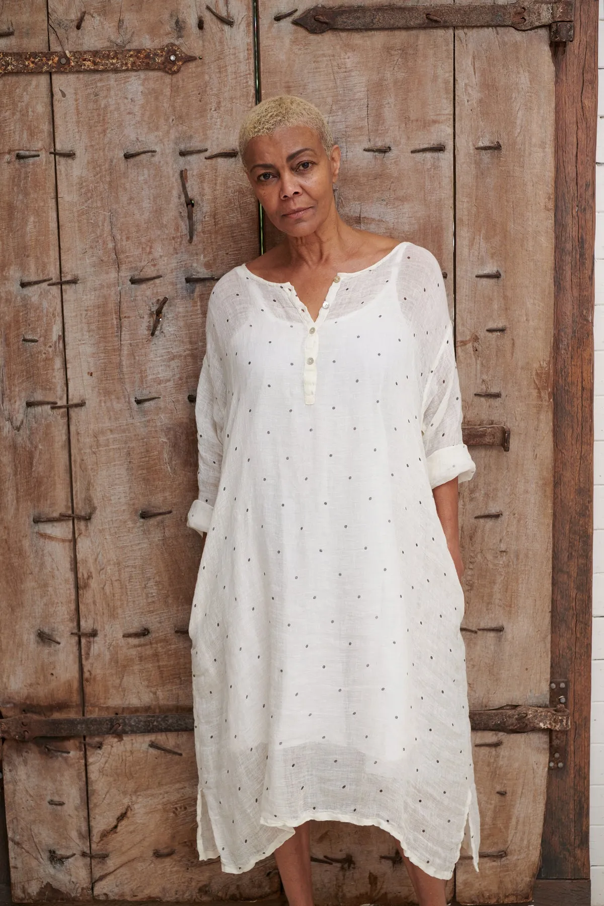 HADLEY LINEN GAUZE DRESS - BLACK & CREAM POLKA DOT