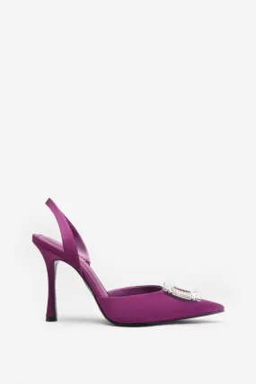 Just A Fling | Purple Satin Sling Back Heels With Diamante Brooches