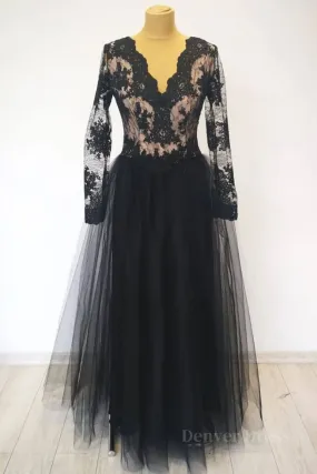 kamahe Long Sleeves V Neck Black Lace Long Prom Dresses, Long Sleeves Black Formal Dresses, Black Lace Evening Dresses