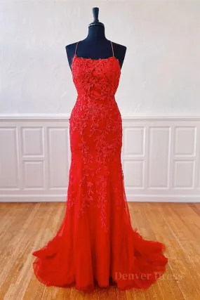 kamahe Mermaid Backless Red Lace Long Prom Dresses, Mermaid Red Formal Dresses, Red Lace Evening Dresses