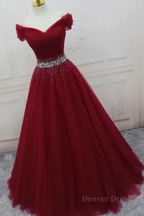 kamahe Off Shoulder Burgundy Tulle Long Prom Dresses with Sequins, Burgundy Tulle Formal Evening Dresses