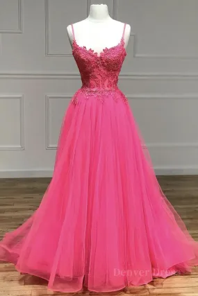 kamahe V Neck Beaded Hot Pink Lace Tulle Long Prom Dresses, Hot Pink Lace Formal Dresses, Hot Pink Evening Dresses