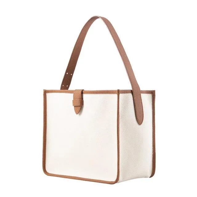 KOJII - Square Large Tote Bag in Leather & Canvas _ Brown & White