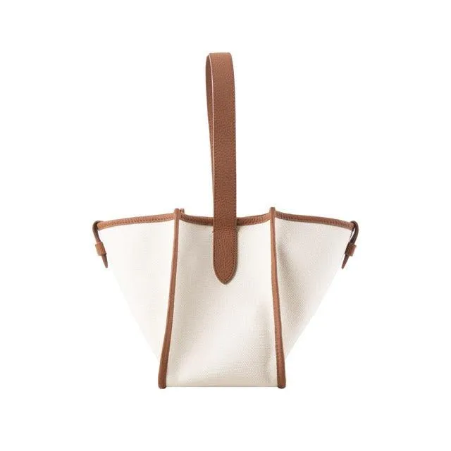 KOJII - Square Large Tote Bag in Leather & Canvas _ Brown & White