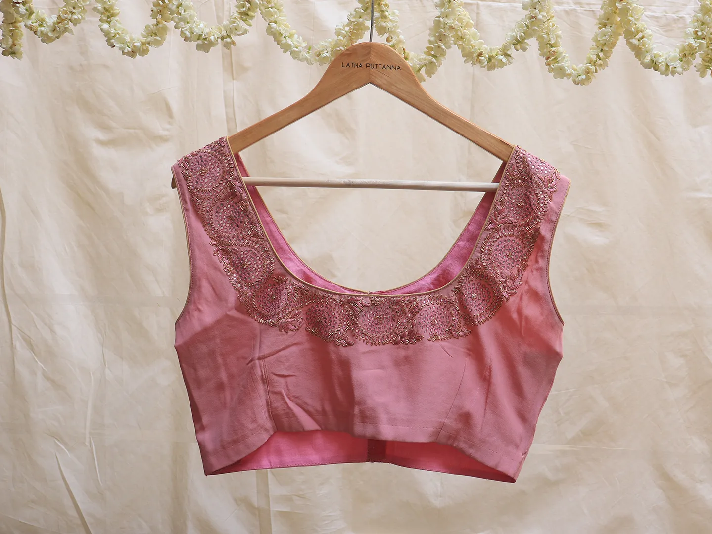 Lamanade pink, crepe silk, Hand embroidery blouse