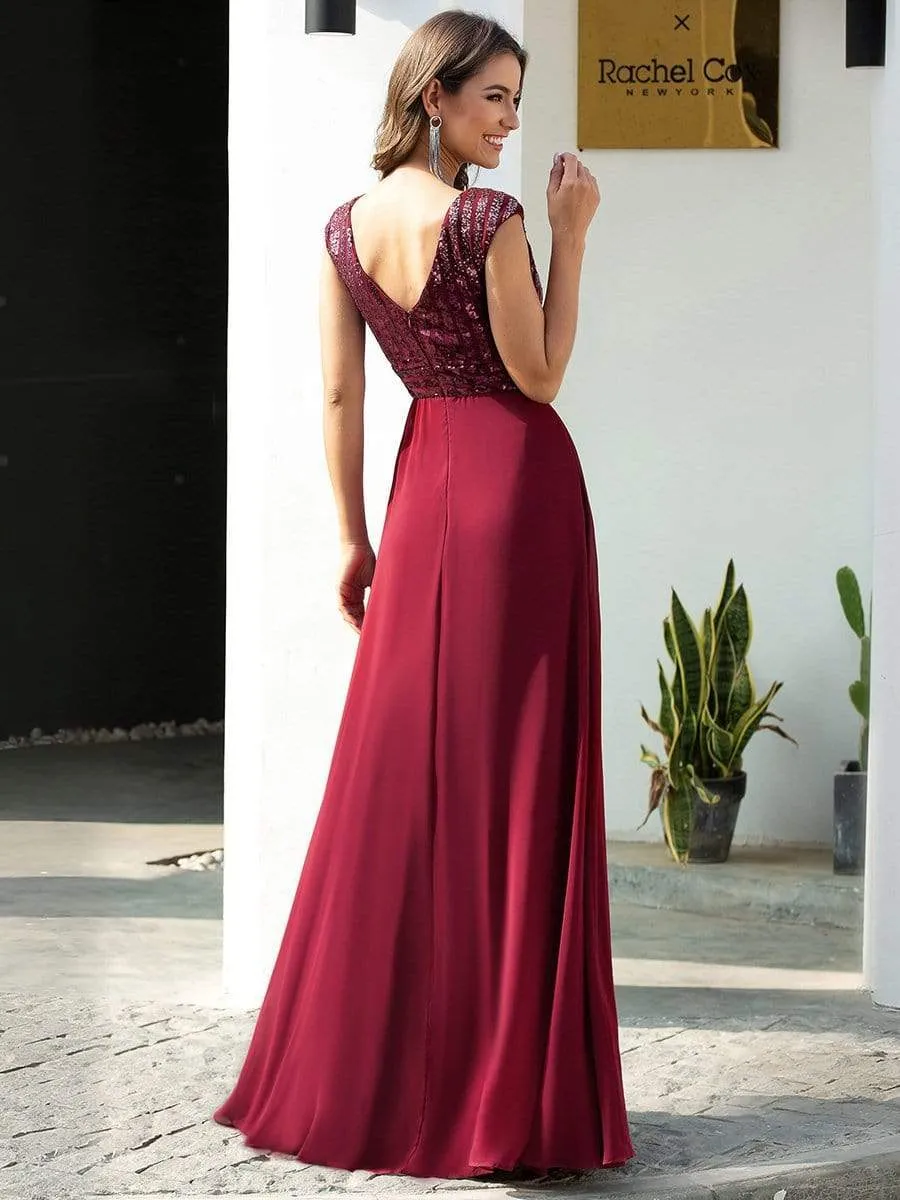 Maxi Long A-Line Round Neckline Chiffon Party Dresses with Sequin