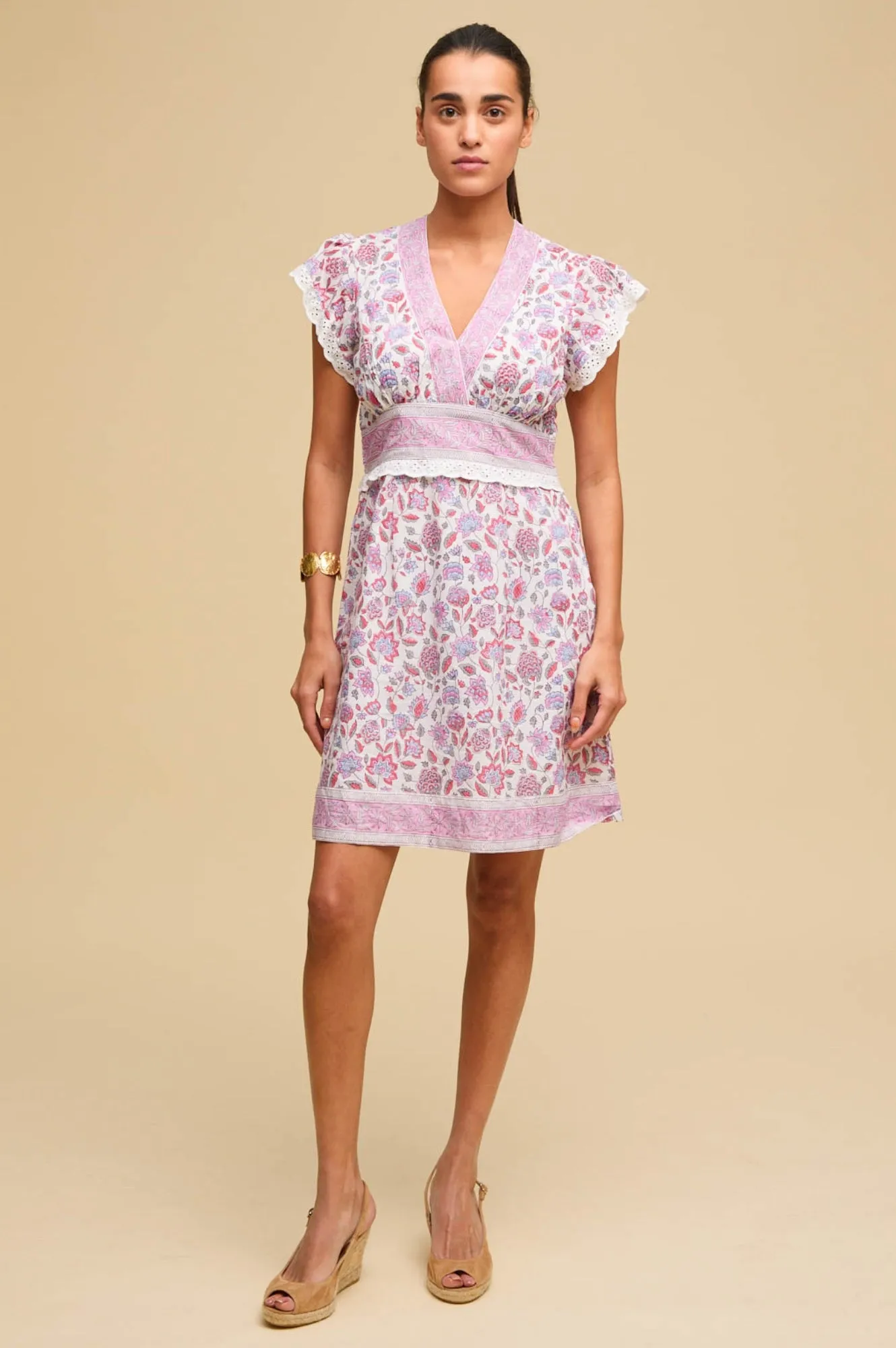 Pippa Block Print Mini Dress | White/Pink