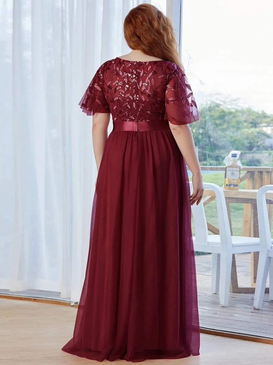 Plus Size Women's Embroidery Evening Dresses with Short Sleeve