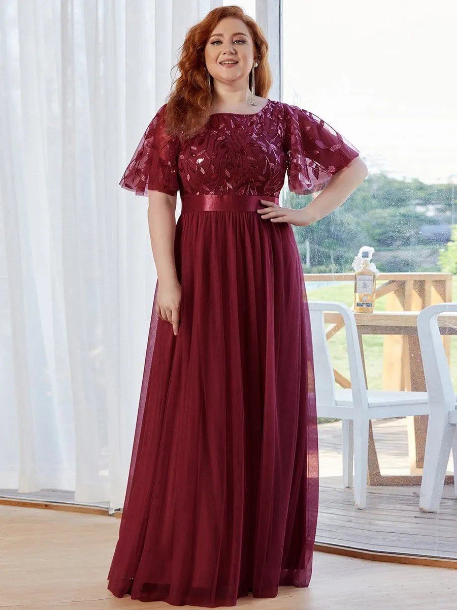 Plus Size Women's Embroidery Evening Dresses with Short Sleeve