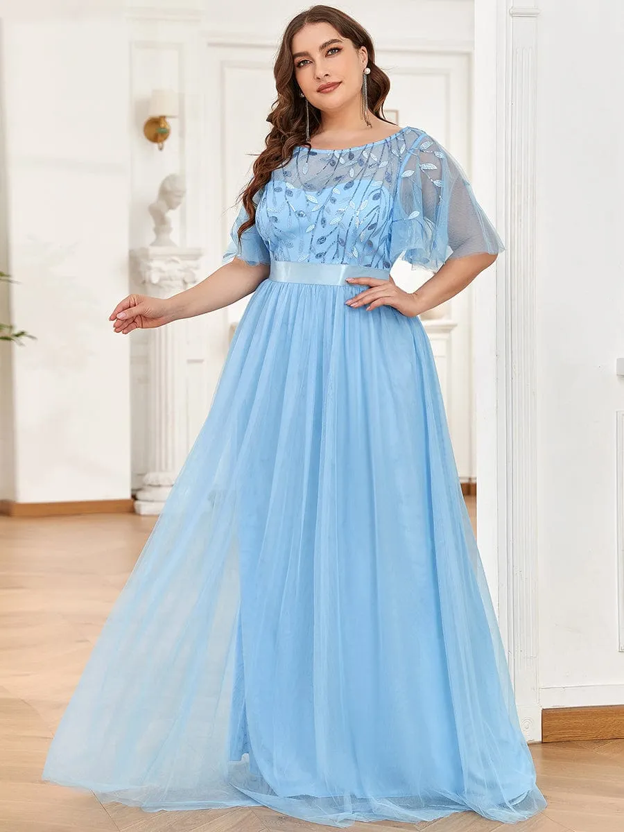 Plus Size Women's Embroidery Evening Dresses with Short Sleeve