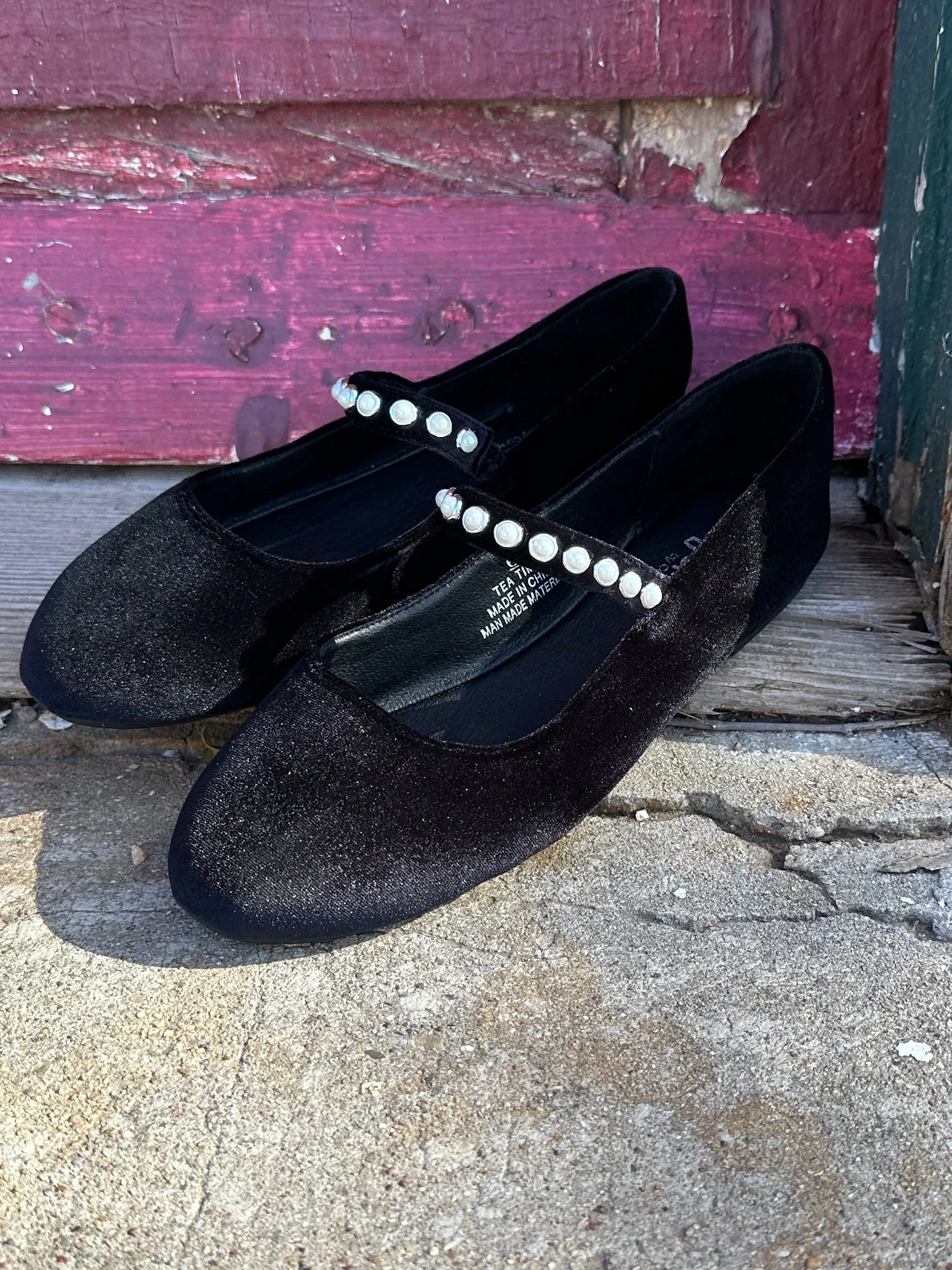 Tea Time Black Velvet Pearl Ballet Flat by Corkys