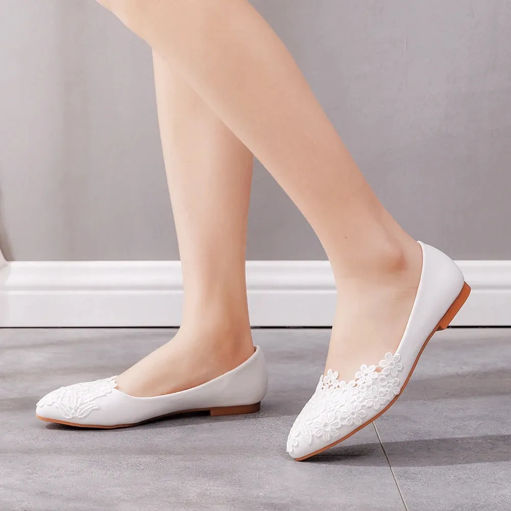 White Lace Wedding Shoes Women Casual Pointed Toe