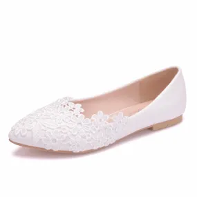 White Lace Wedding Shoes Women Casual Pointed Toe