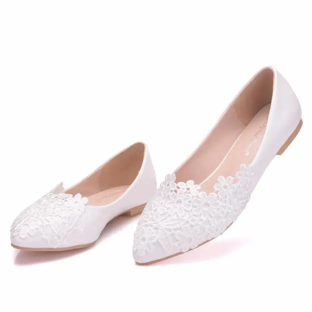 White Lace Wedding Shoes Women Casual Pointed Toe