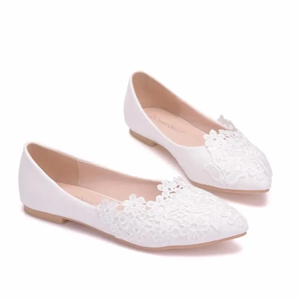 White Lace Wedding Shoes Women Casual Pointed Toe