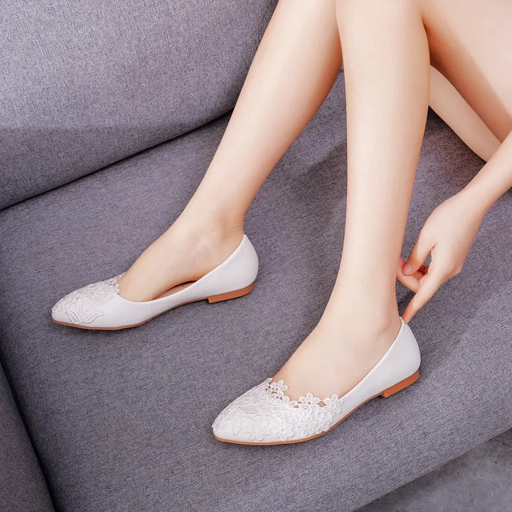 White Lace Wedding Shoes Women Casual Pointed Toe