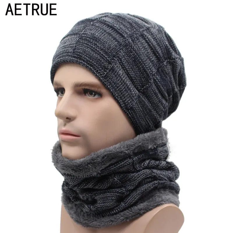 Winter Beanie Hat Scarf skullies beanies Soft Skull Warm Baggy Cap Mask Hats For Men Women Knitted Hat