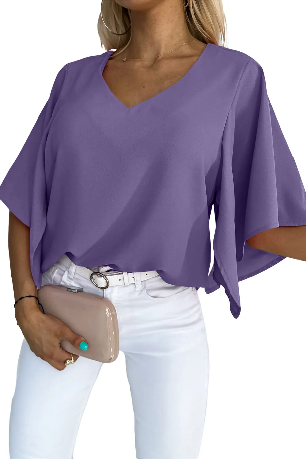 Women's Blouses Casual V Neck Ruffle Short Sleeve Summer Tops Shirts