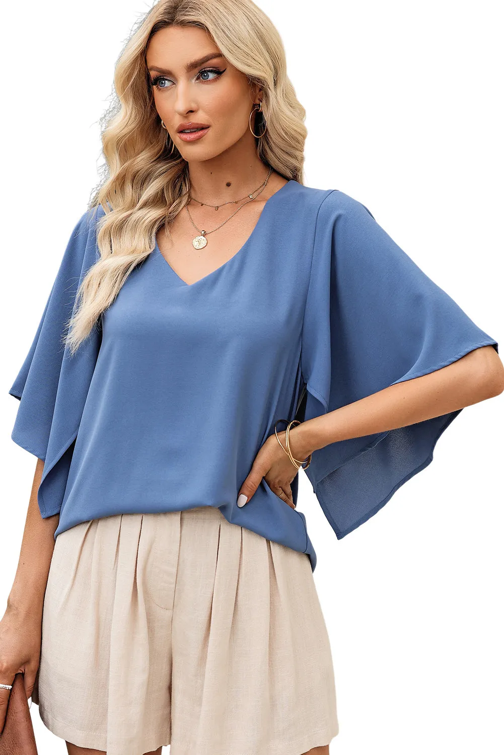 Women's Blouses Casual V Neck Ruffle Short Sleeve Summer Tops Shirts